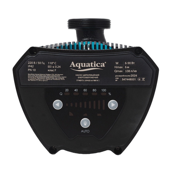 Насос циркуляційний Aquatica енергозберігаючий 6-90Вт Hmax 6м Qmax 108л/хв Ø2" 180 мм + гайки Ø1 1/4" GPA32-6/180 IV