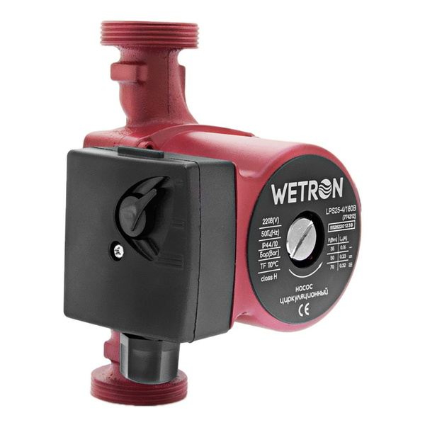 Насос циркуляційний Wetron 75Вт Hmax 4м Qmax 40л/хв Ø1 1/2" 180 мм бордо + гайки Ø1" LР525–4/180В