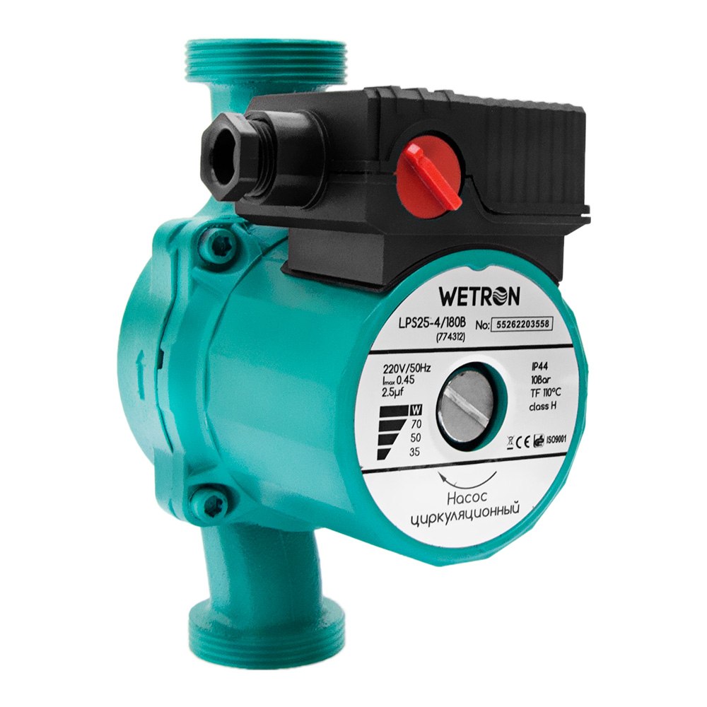 Насос циркуляційний Wetron 75Вт Hmax 4м Qmax 40л/хв Ø1 1/2" 180 мм зел + гайки Ø1" LР525–4/180С