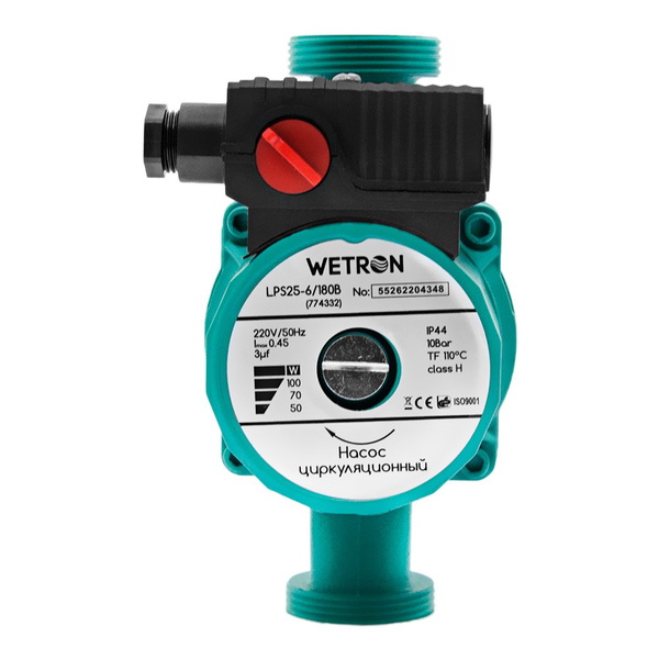 Насос циркуляційний Wetron 75Вт Hmax 4м Qmax 40л/хв Ø1 1/2" 180 мм зел + гайки Ø1" LР525–4/180С