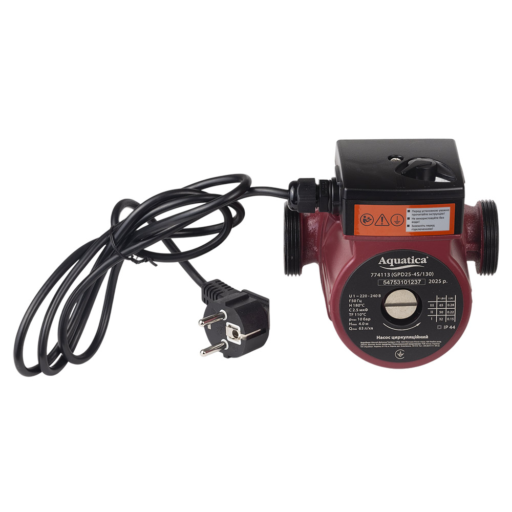 Насос циркуляционный Aquatica 65Вт Hmax 4м Qmax 63л/мин Ø1 1/2" 130 мм + гайки Ø1"