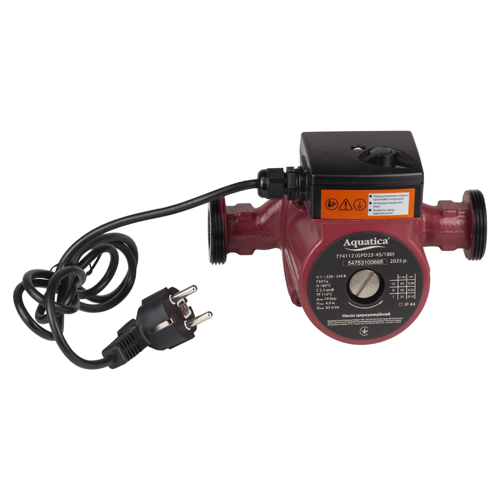 Насос циркуляционный Aquatica 65Вт Hmax 4м Qmax 63л/мин Ø1 1/2" 180 мм + гайки Ø1"