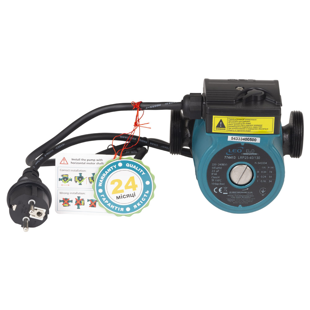 Насос циркуляційний Leo 74Вт Hmax 4м Qmax 52л/хв Ø1 1/2" 130 мм + гайки Ø1" 3.0 LRP25-40/130
