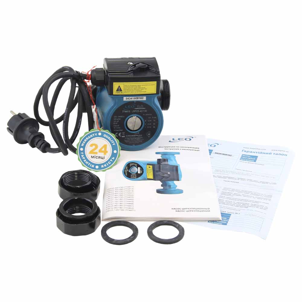Насос циркуляційний Leo 74Вт Hmax 4м Qmax 52л/хв Ø1 1/2" 130 мм + гайки Ø1" 3.0 LRP25-40/130