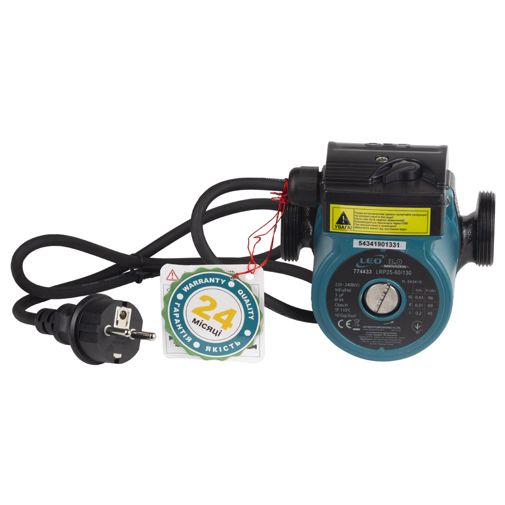 Насос циркуляційний Leo 96Вт Hmax 6м Qmax 58л/хв Ø1 1/2" 130 мм + гайки Ø1" 3.0 LRP25-60/130