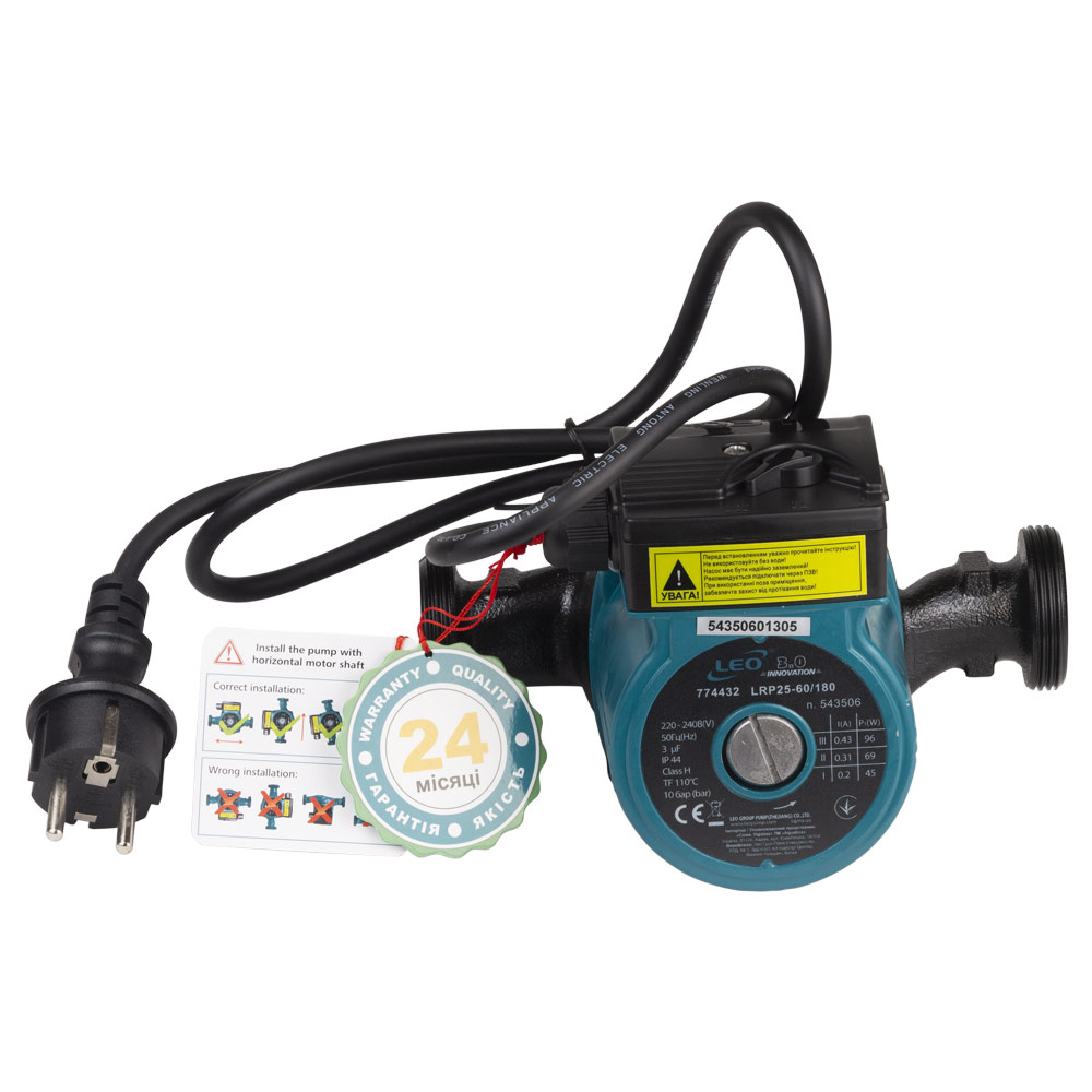Насос циркуляційний Leo 96Вт Hmax 6м Qmax 66л/хв Ø1 1/2" 180 мм + гайки Ø1" 3.0 LRP25-60/180