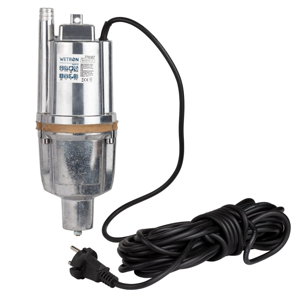 Насос Wetron вібраційний 0.25кВт H 75м Q 18л/хв Ø100мм 10м кабелю нижній вхід WVM60-1