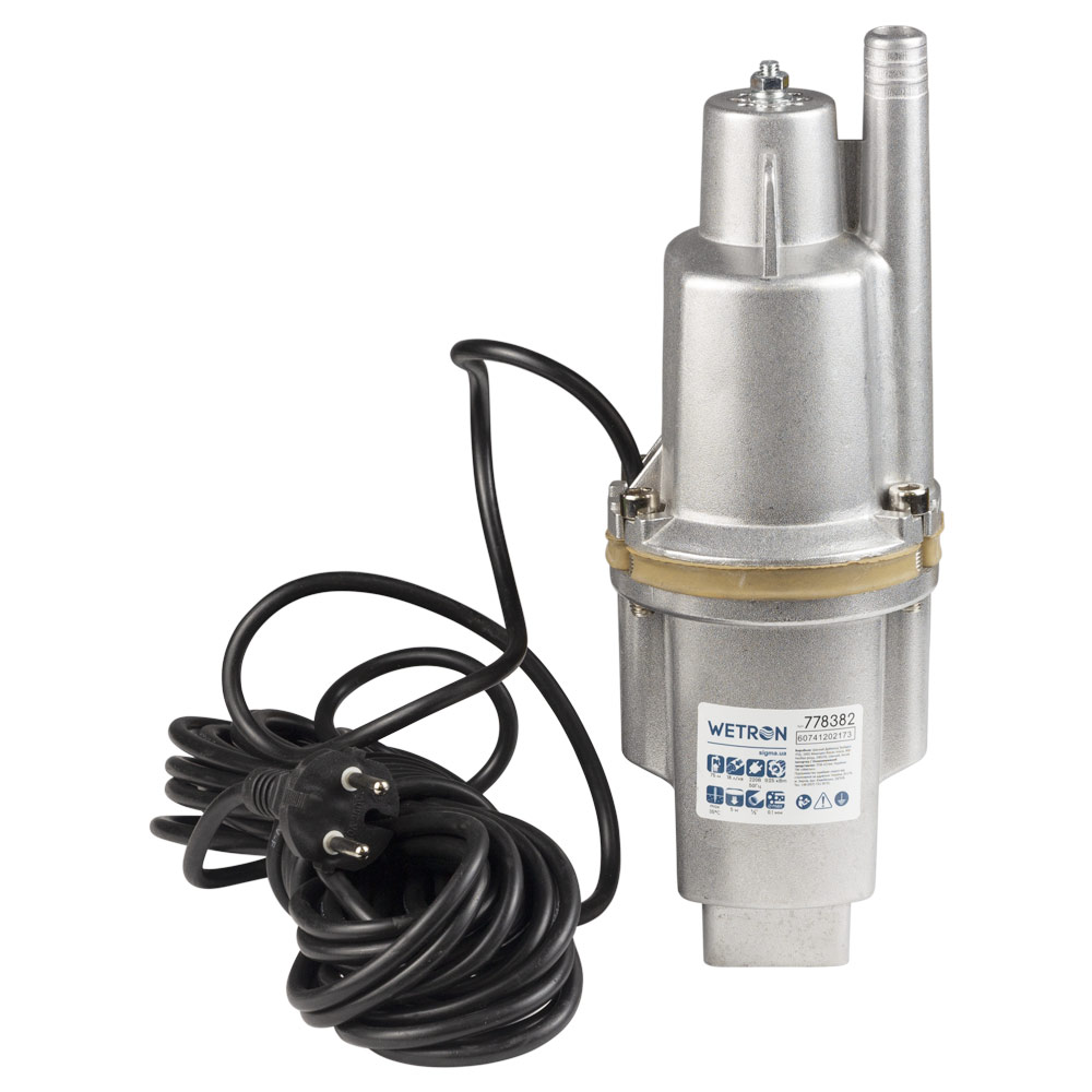 Насос Wetron вібраційний 0.25кВт H 75м Q 18л/хв Ø100мм 10м кабелю верхній вхід WVM60