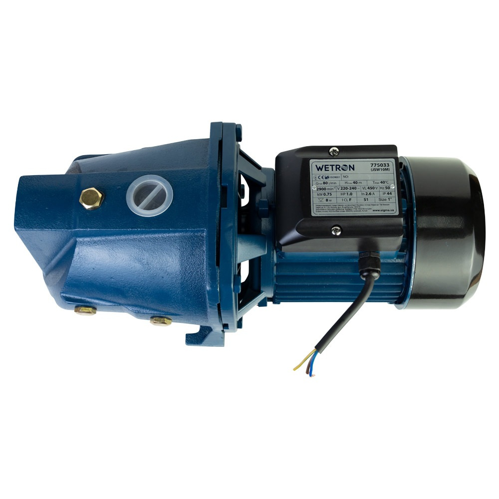Насос Wetron відцентровий самовсмоктуючий 0.75кВт Hmax 40м Qmax 80л/хв JSW10M