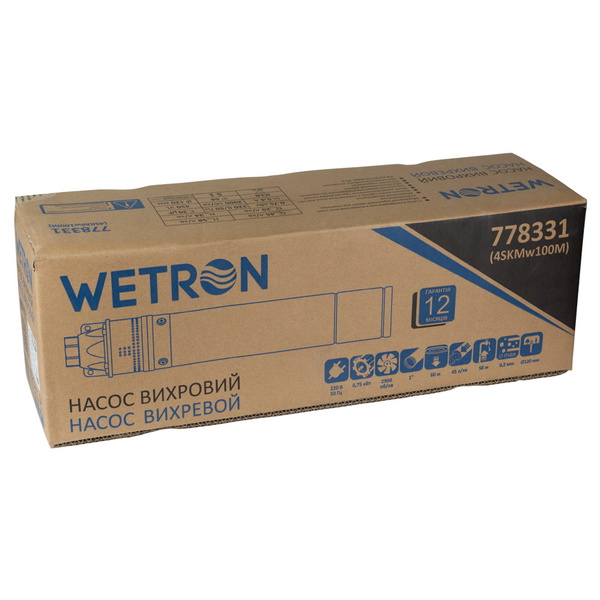 Насос Wetron вихревой 0.75кВт H 58(34) м Q 45(20) л/мин Ø96 мм 10 м кабеля 4SKmw100M