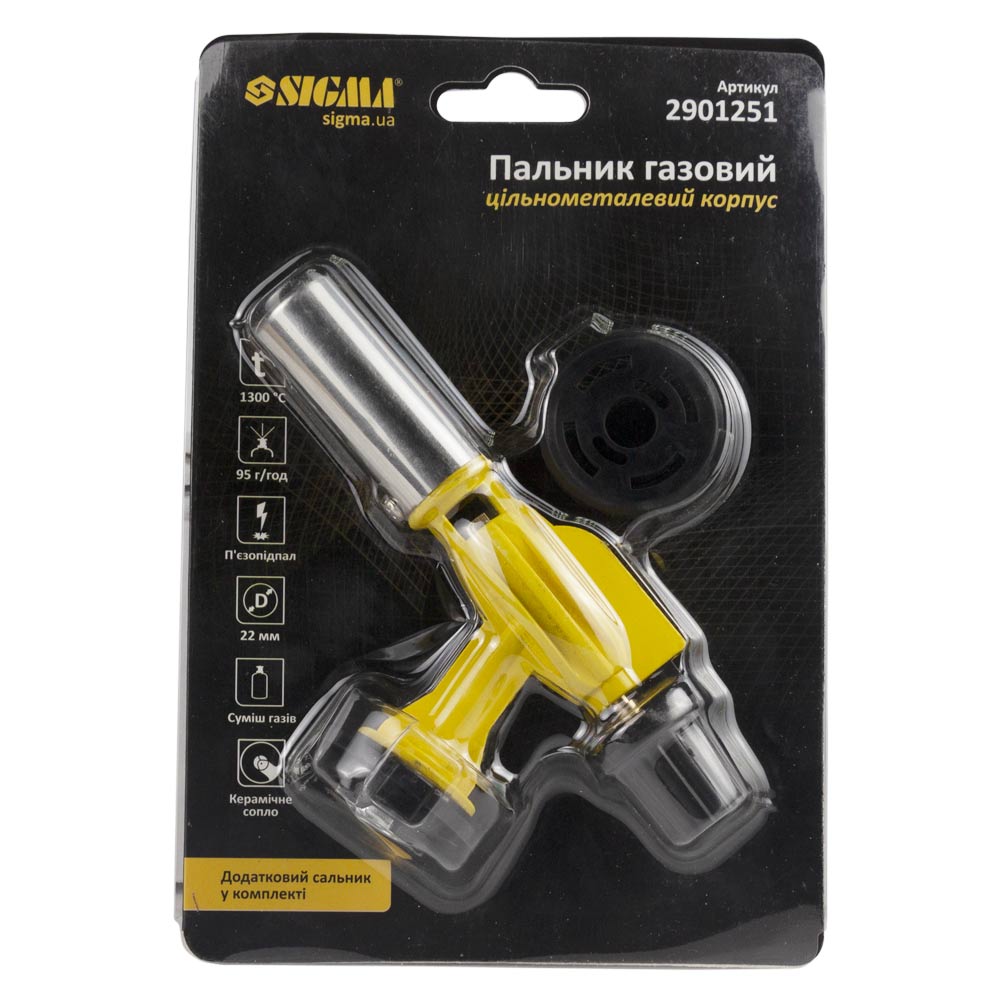 Горелка газовая Sigma с керамическим соплом и пьезоподжигом, цельнометаллический корпус Ø22 мм 136 мм