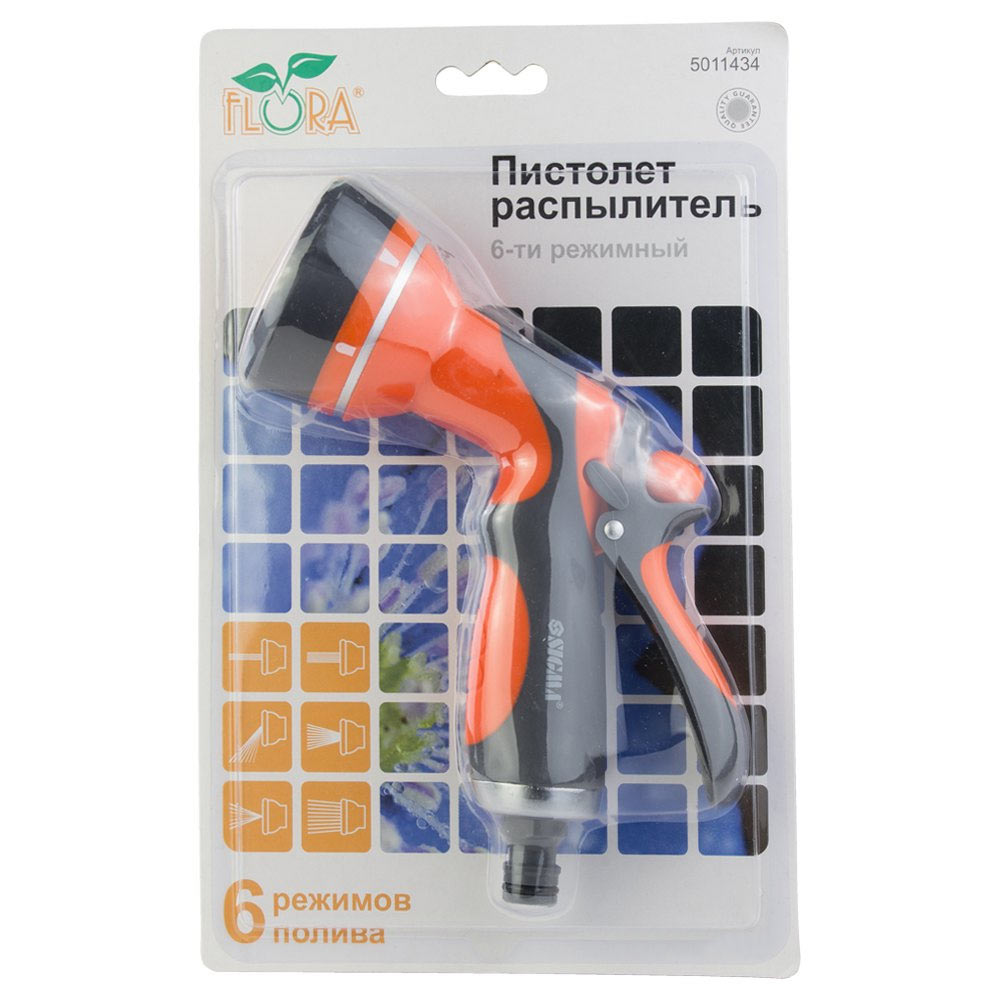 Пістолет-розпилювач Flora 6-ти режимний (ABS + TPR) помаранчево-чорний