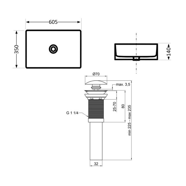 Раковина накладна Qtap Tern 610 x 350 x 135 мм, Stone grey, прямокутна, з донним клапаном (QTTER188SG49789)