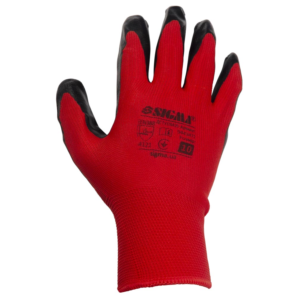 Рукавички Sigma трикотажні з частковим нітриловим покриттям р10 (червоно-чорні манжет) КРАТНО 12 парам