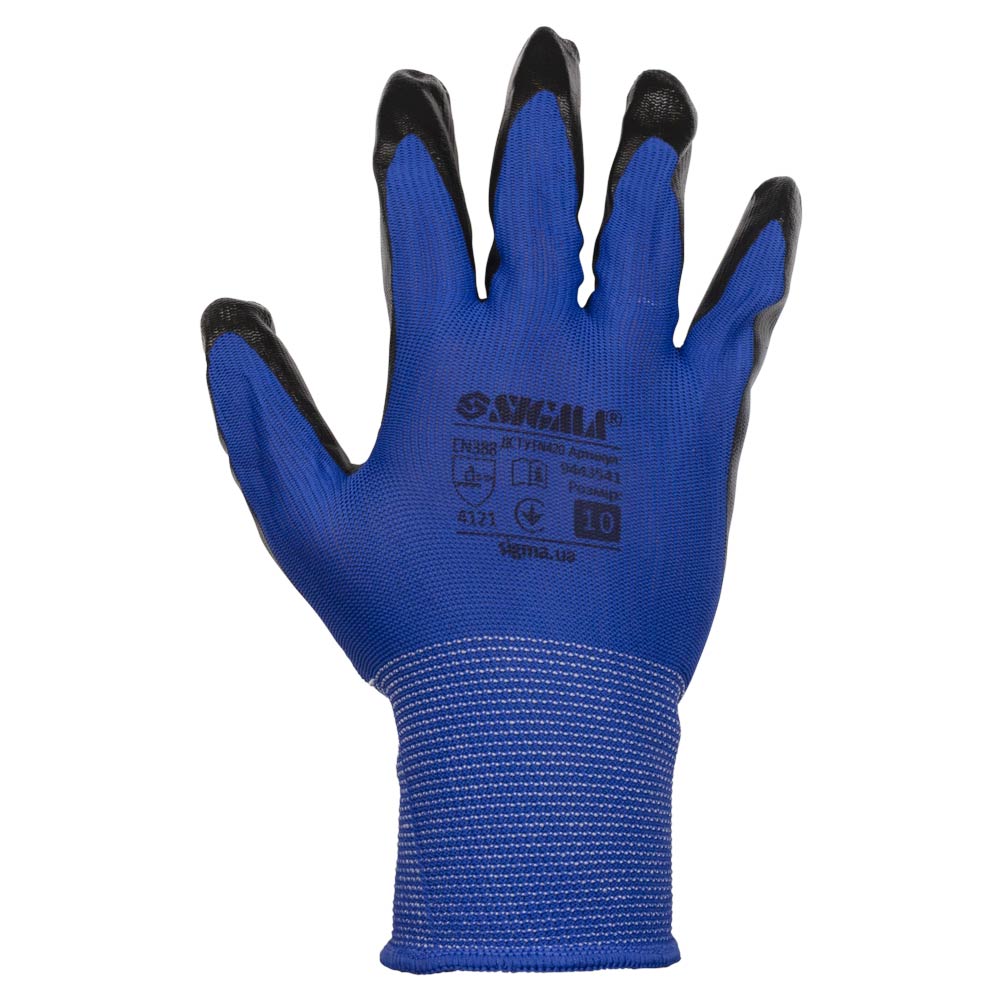 Рукавички Sigma трикотажні з частковим нітриловим покриттям р10 (синьо-чорні манжет) КРАТНО 12 парам
