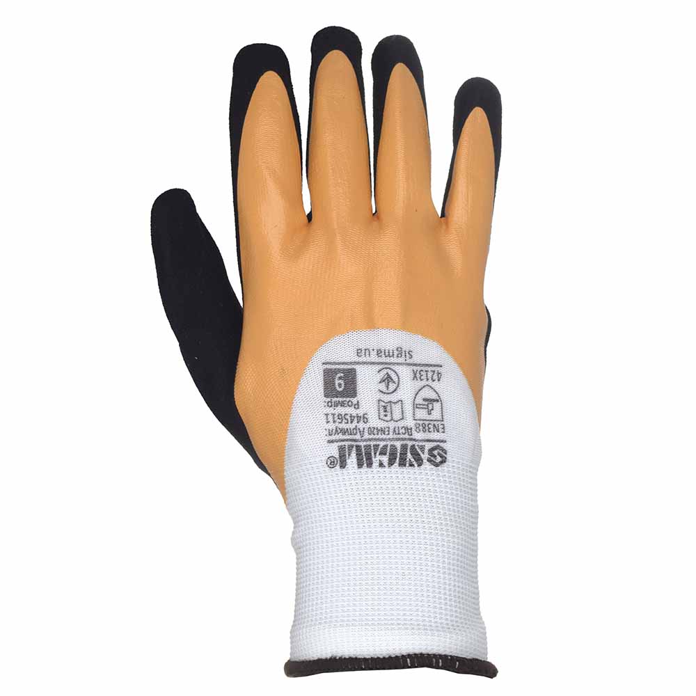 Рукавички Sigma трикотажні з подвійним латексним покриттям р9 (жовто-чорні, манжет)