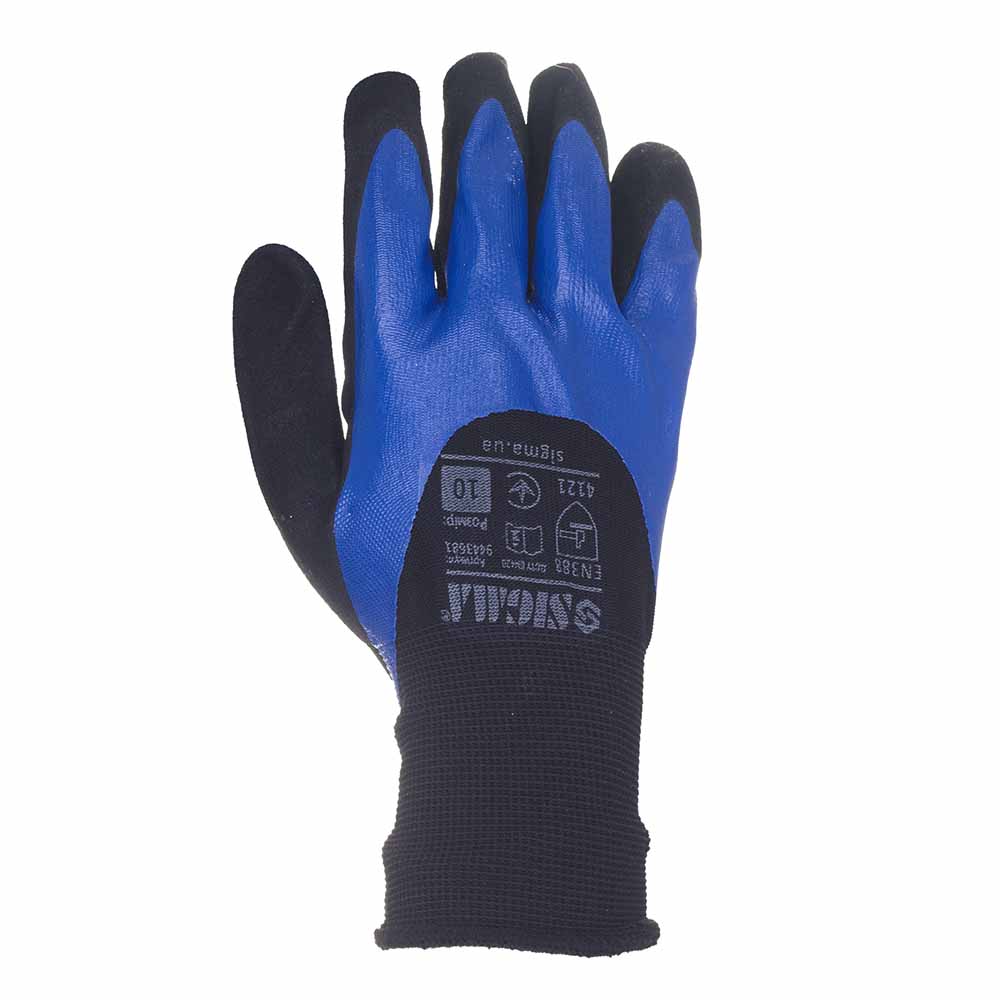 Рукавички Sigma трикотажні з подвійним нітриловим покриттям р10 (синьо-чорні, манжет)