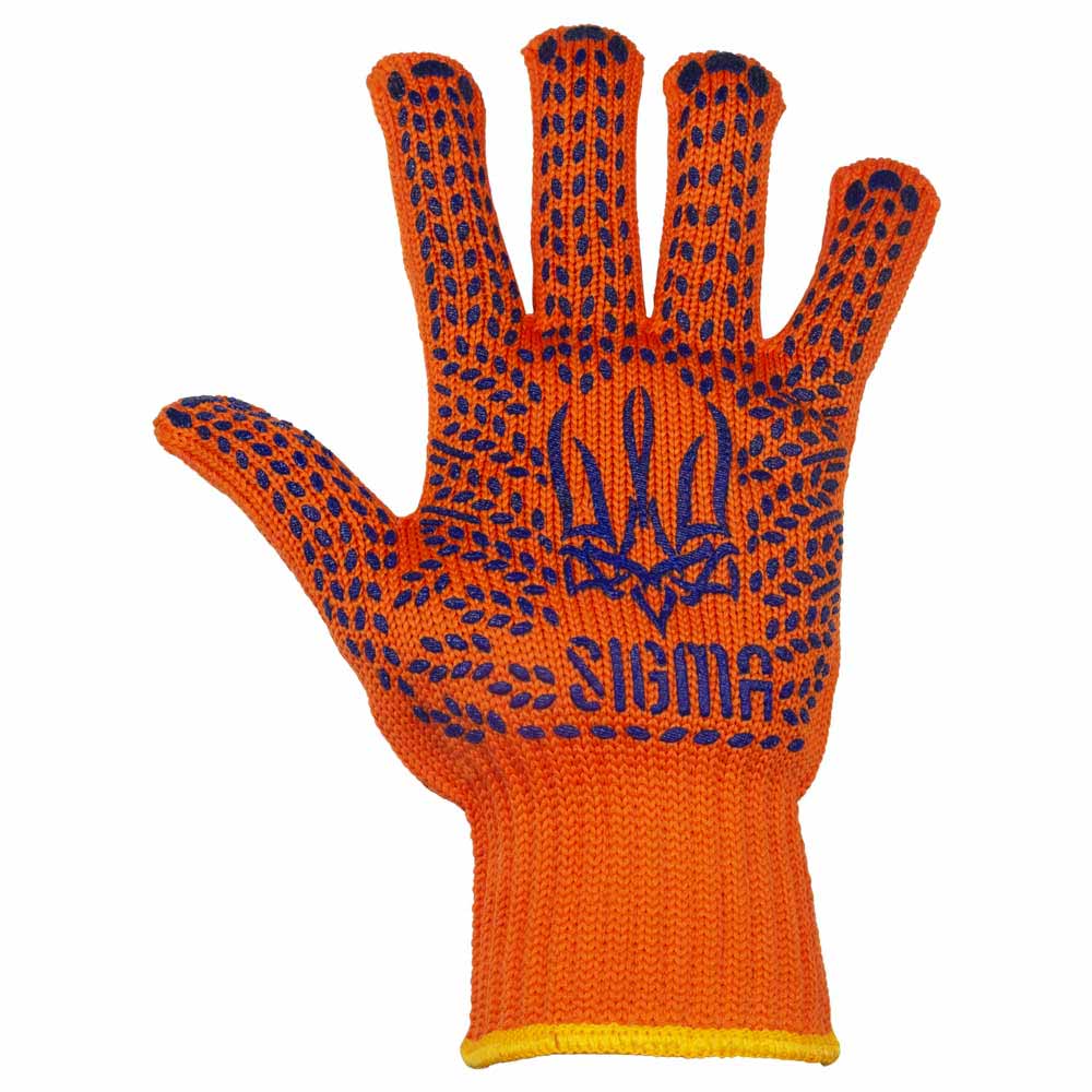 Рукавички Sigma трикотажні з точковим ПВХ покриттям р10 Тризуб (помаранчеві) КРАТНО 12 парам