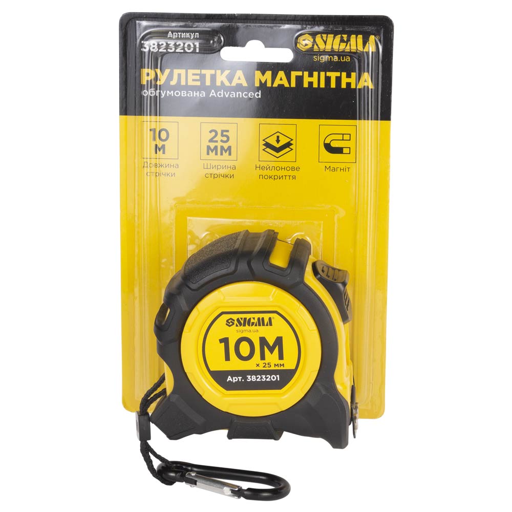 Рулетка Sigma Advanced магнітна обгумована нейлонове покриття 10 м х 25 мм