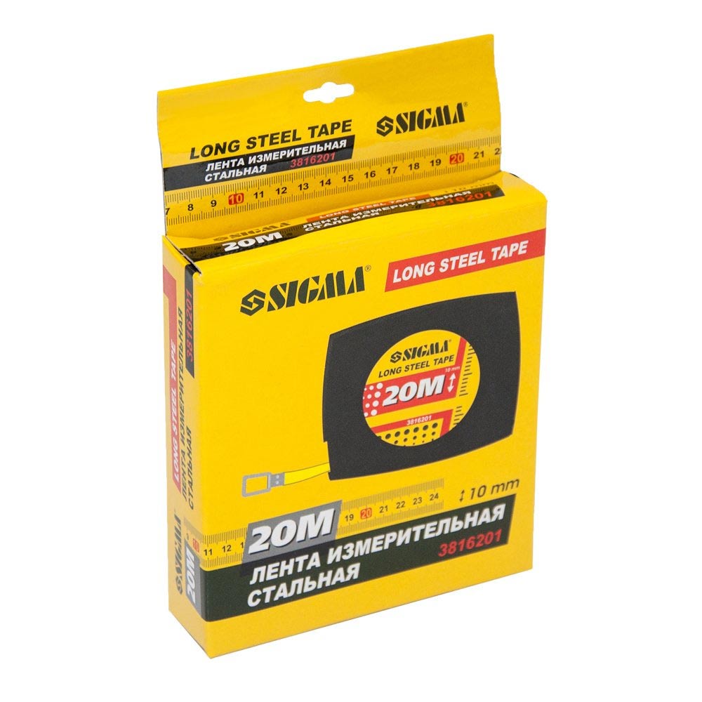 Рулетка Sigma стальная лента 20 м х 10 мм (черная)