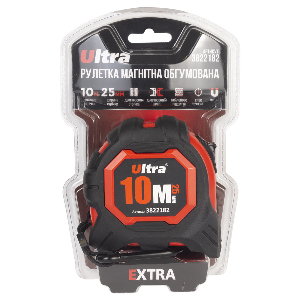 Рулетка Ultra Extra магнітна обгумована нейлонове покриття двостороннє полотно/зачіп 10 м х 25 мм