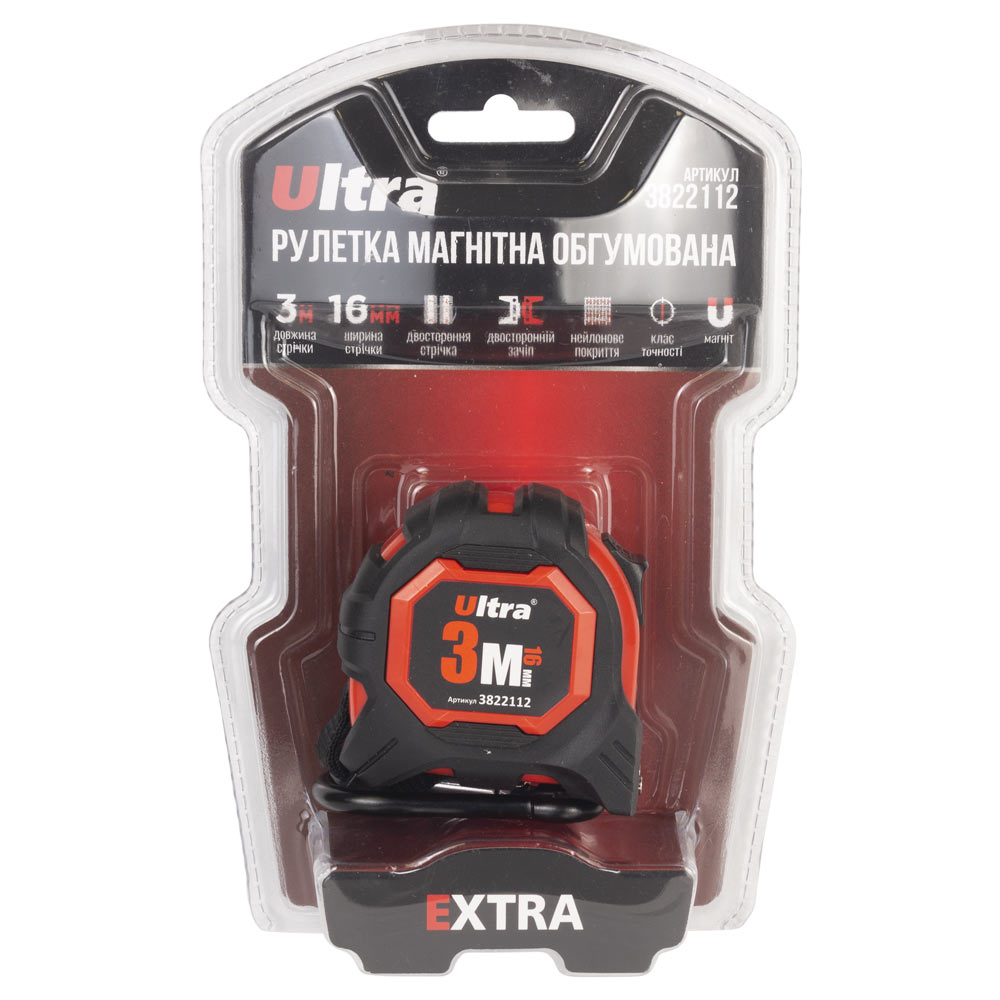 Рулетка Ultra Extra магнітна обгумована нейлонове покриття двостороннє полотно/зачіп 3 м х 16 мм