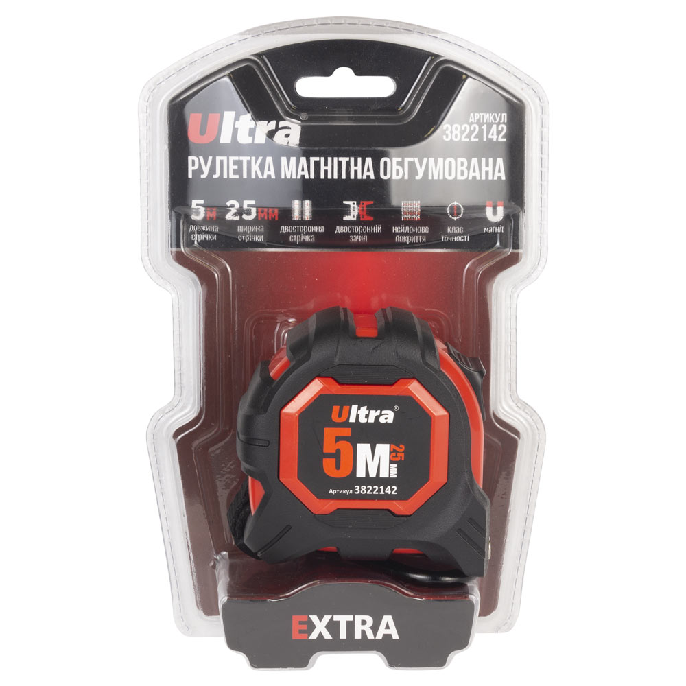 Рулетка Ultra Extra магнітна обгумована нейлонове покриття двостороннє полотно/зачіп 5 м х 25 мм