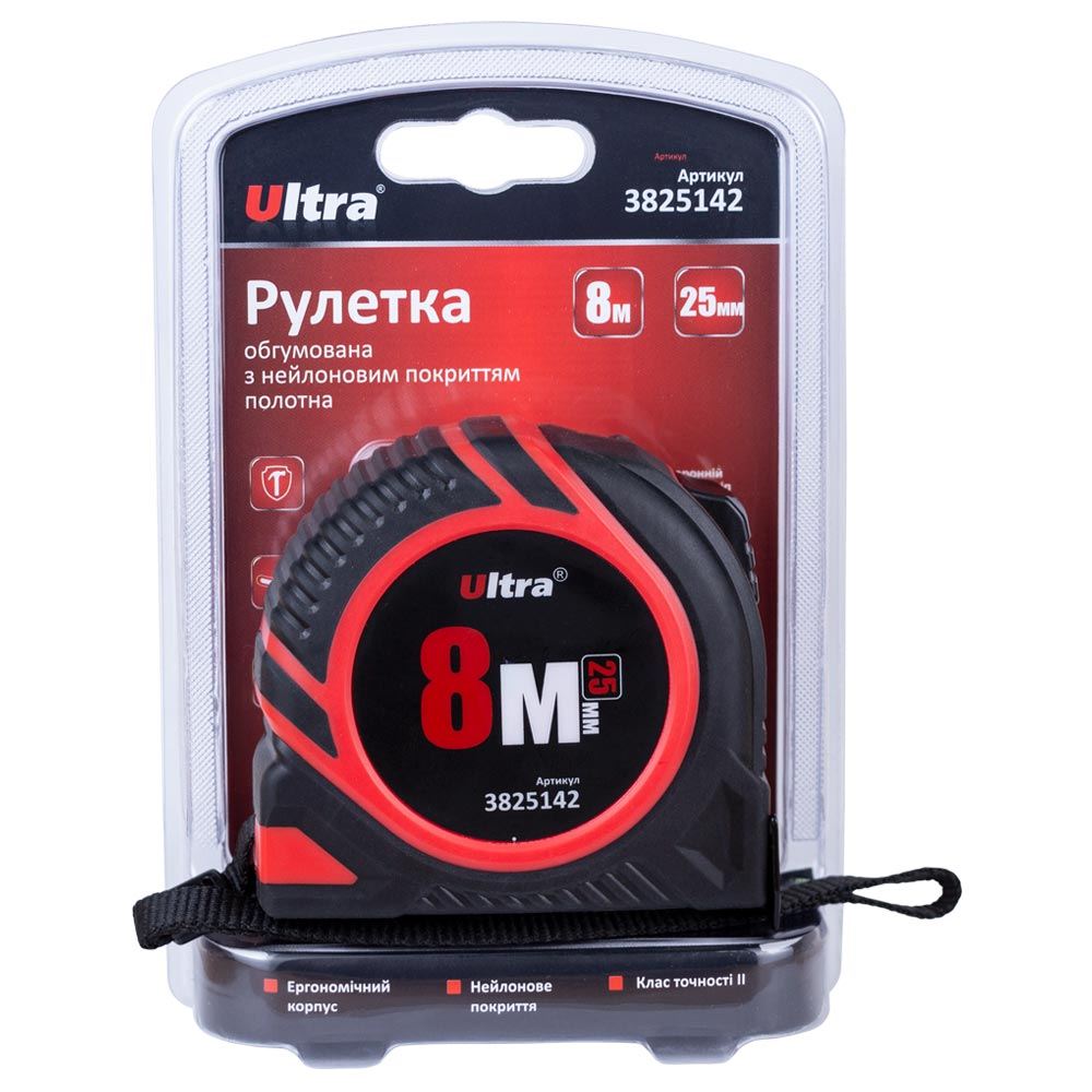 Рулетка Ultra обгумована з нейлоновим покриттям полотна 8 м х 25 мм