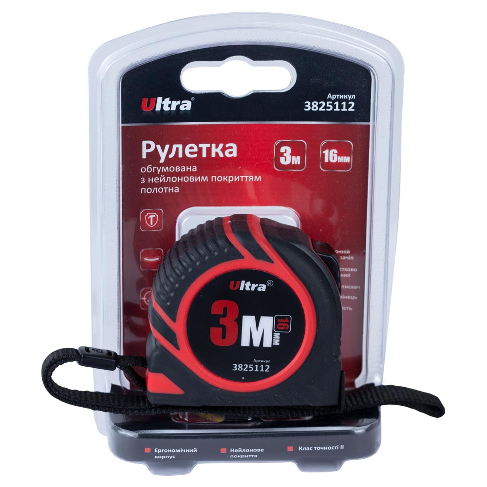 Рулетка Ultra обгумована з нейлоновим покриттям полотна 3 м х 16 мм