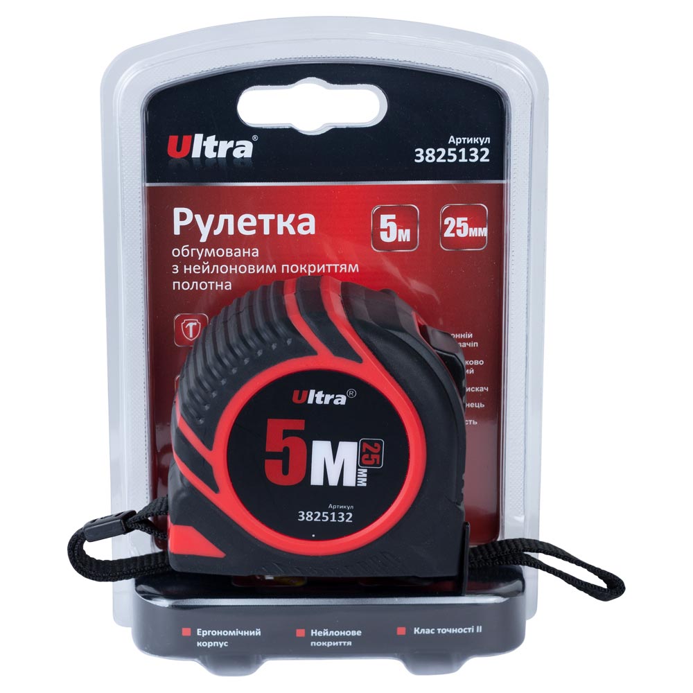 Рулетка Ultra обгумована з нейлоновим покриттям полотна 5 м × 25 мм
