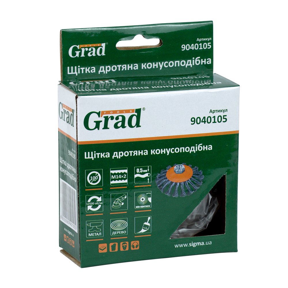 Щітка дротяна Grad конусоподібна Ø100 мм М14 х 2 мм (сталева кручена)