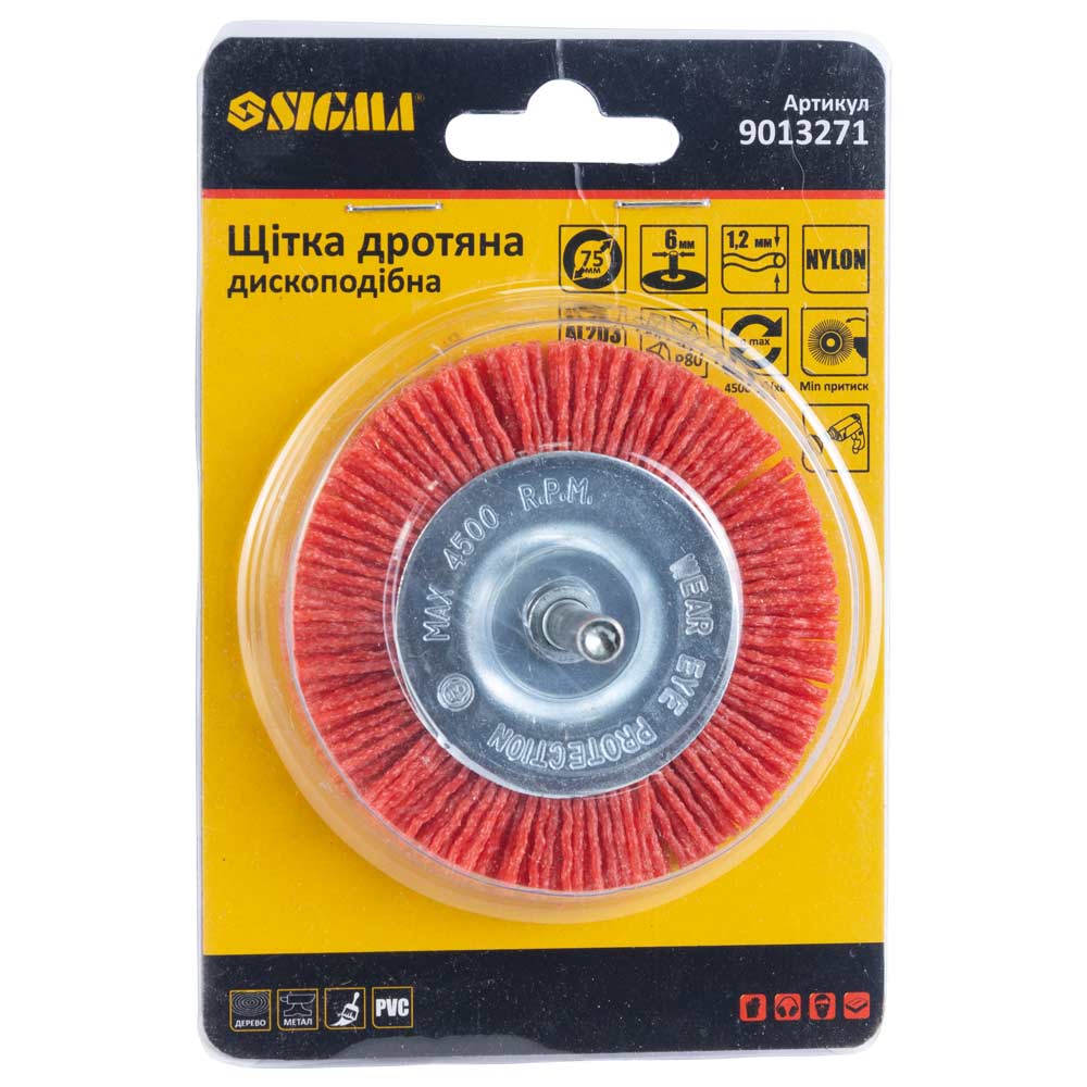 Щітка дротяна Sigma дископодібна Ø75 мм хвостовик Ø6 мм (нейлонова)