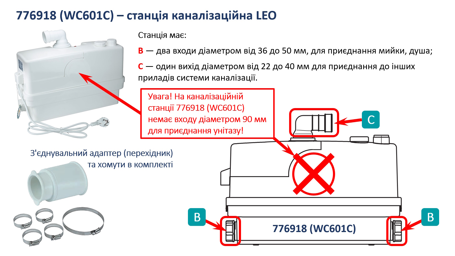 Станция канализационная Leo 0.6кВт Hmax 8.5 м Qmax 110л/мин 3 входа 3.0 WC601С