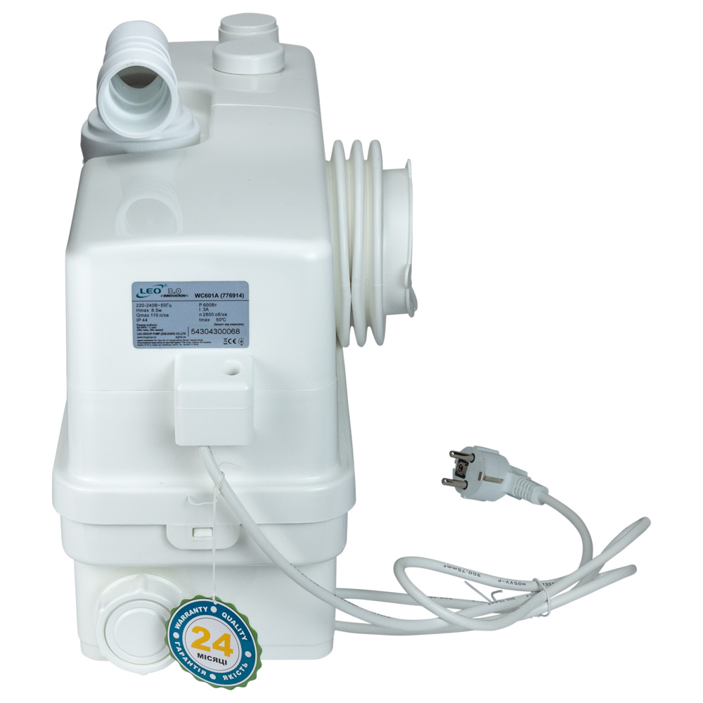 Станція каналізаційна Leo 0.6кВт Hmax 8.5 м Qmax 110л/хв 3 входу + фронтальний вхід 90 мм 3.0 WC601A