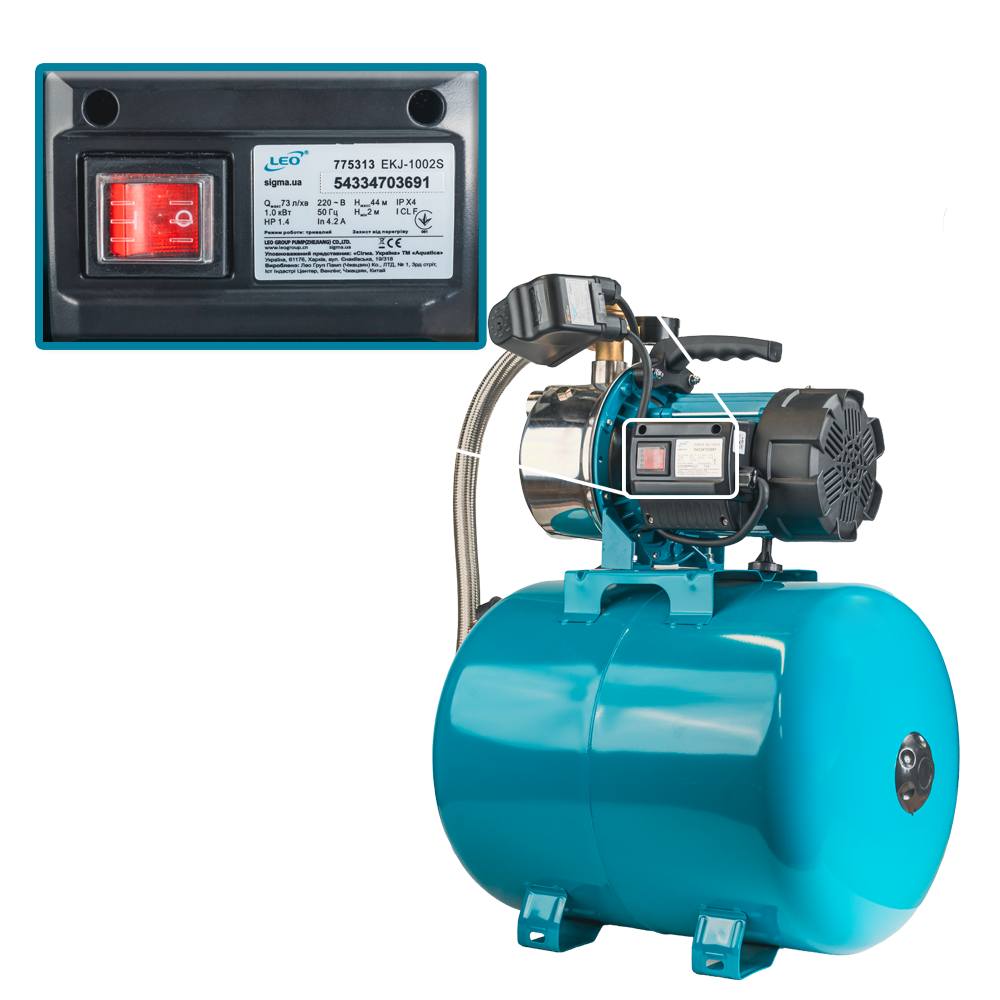 Станція Leo 1.0кВт Hmax 44м Qmax 73л/хв (самовсмоктуючий насос нерж) 50л Україна