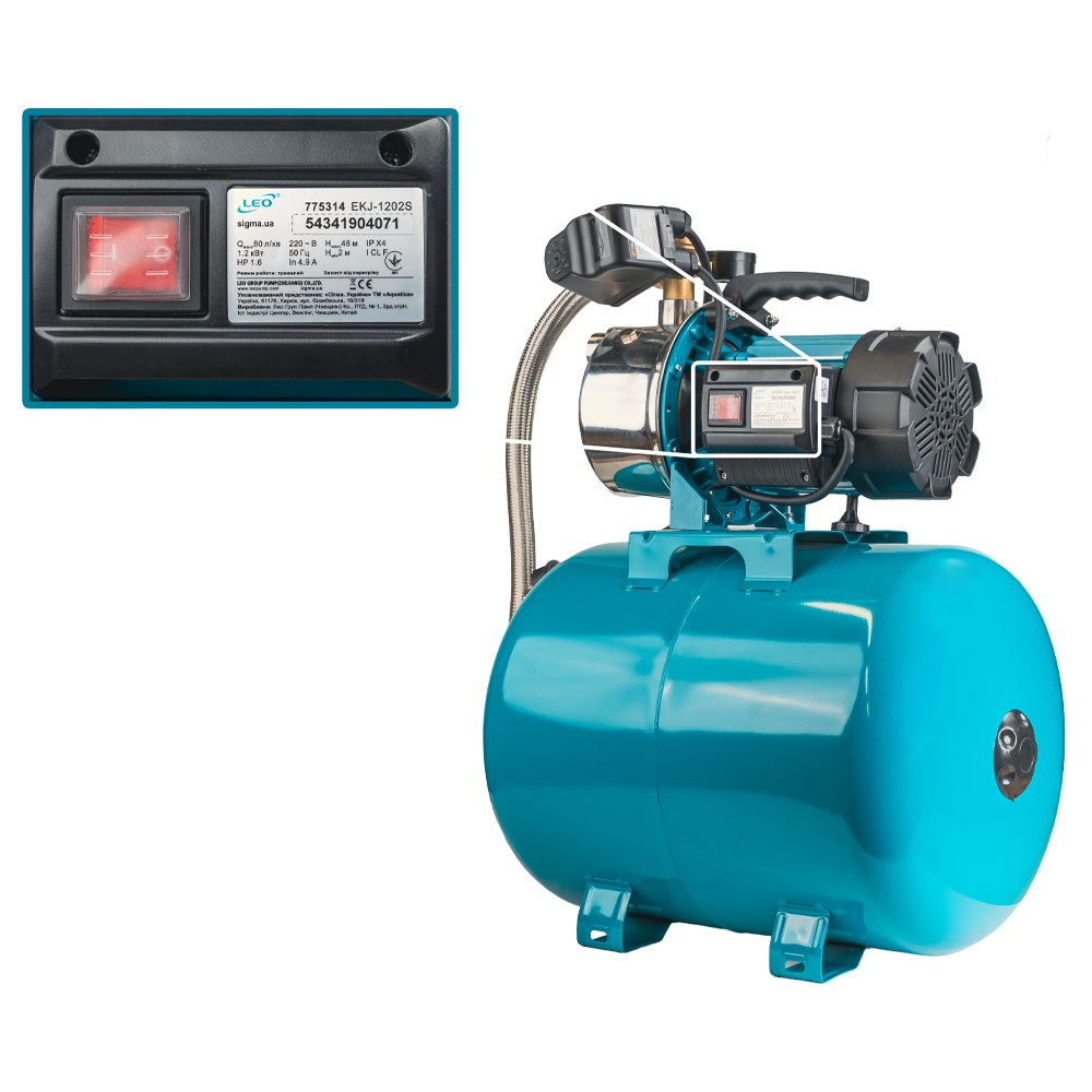 Станція Leo 1.2кВт Hmax 48м Qmax 80л/хв (самовсмоктуючий насос нерж) 50л Україна