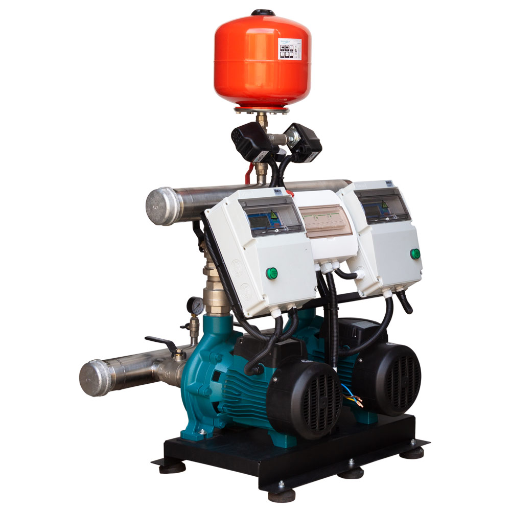 Станция Leo повышения давления 380В 2 x 3.0кВт Hmax 38 м Qmax 450 л/мин 12 л + каскадное управление 3.0