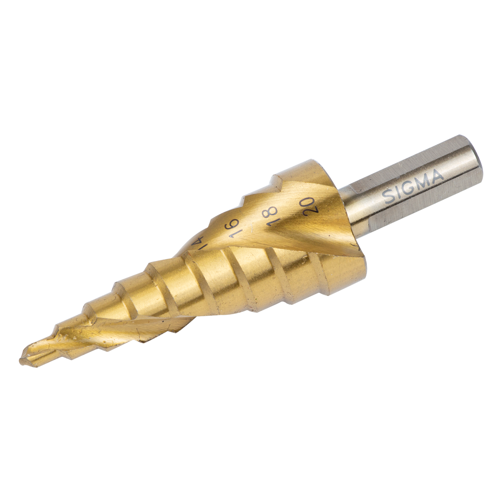 Свердло по металу Sigma східчасте HSS-TIN титанове зі спіральною канавкою Ø4-20 мм, крок 2 мм (блістер)