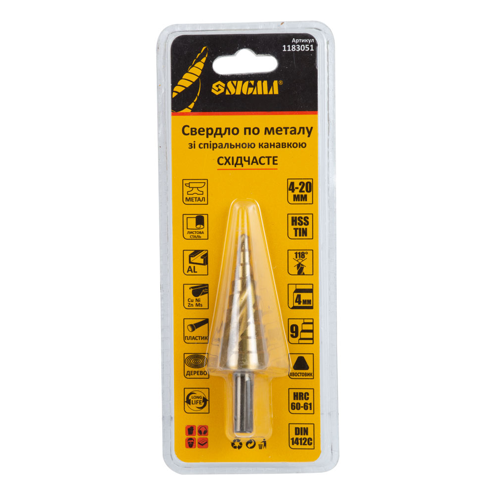 Свердло по металу Sigma східчасте HSS-TIN титанове зі спіральною канавкою Ø4-20 мм, крок 2 мм (блістер)