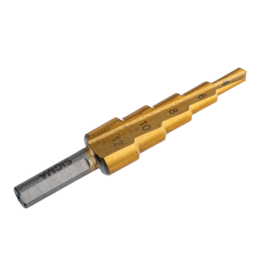 Сверло по металлу ступенчатое Sigma HSS-TIN титановое с прямой канавкой Ø4-12 мм, шаг 2 мм (блистер)