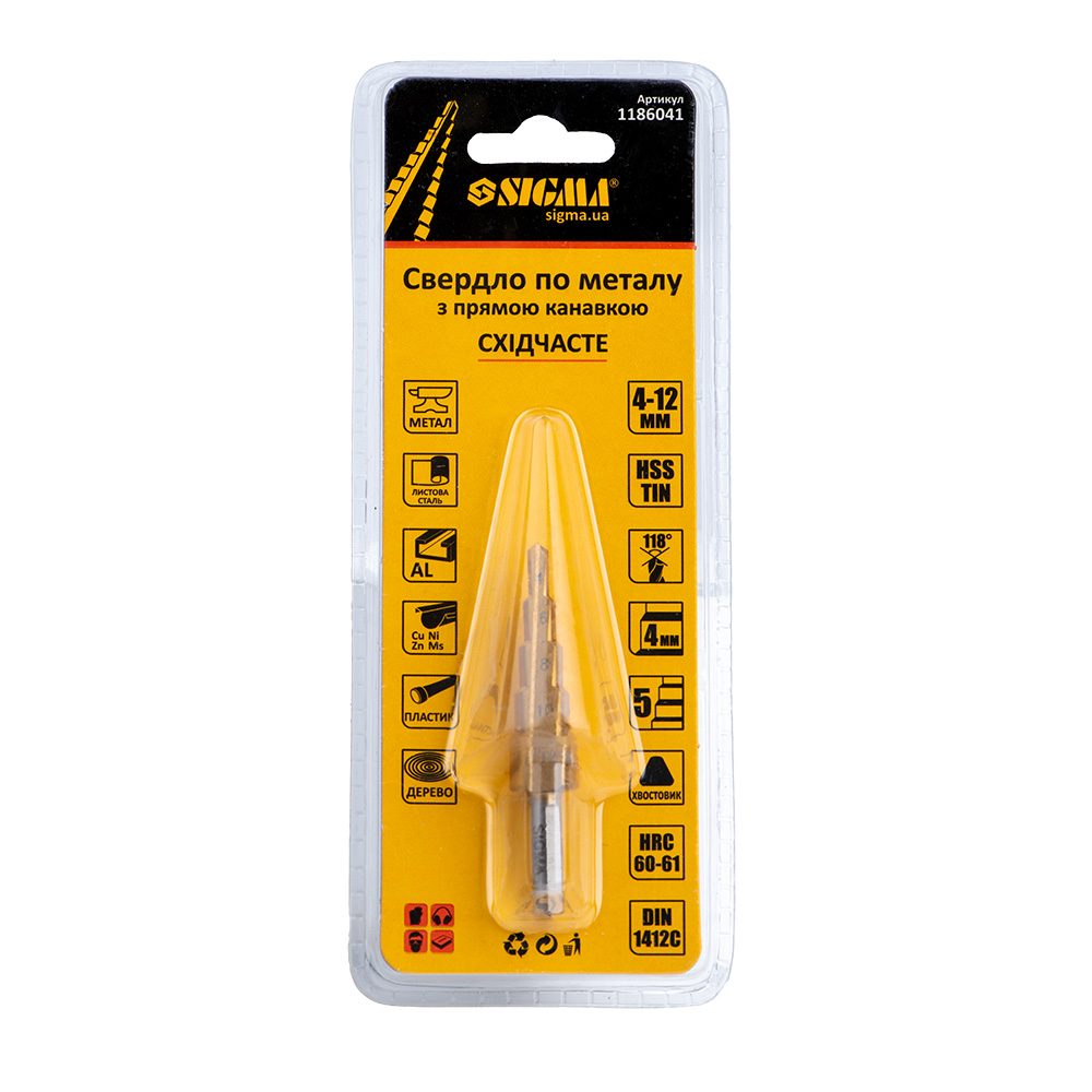 Сверло по металлу ступенчатое Sigma HSS-TIN титановое с прямой канавкой Ø4-12 мм, шаг 2 мм (блистер)