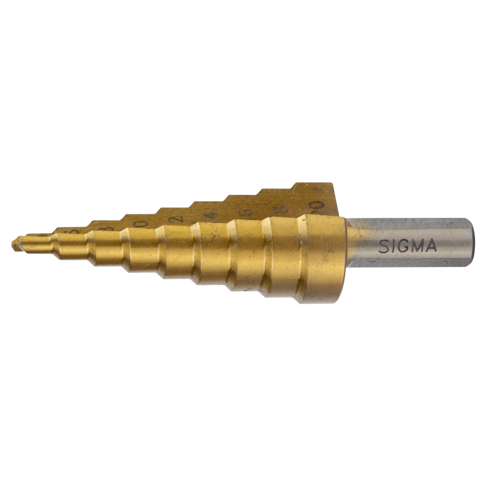 Свердло по металу ступінчасте Sigma HSS-TIN титанове з прямою канавкою Ø4-20 мм крок 2 мм (блістер)