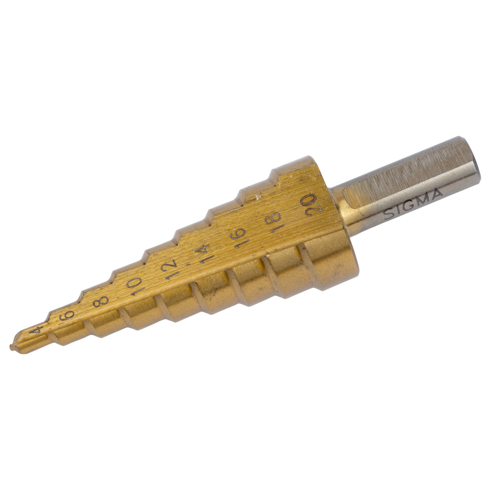 Свердло по металу ступінчасте Sigma HSS-TIN титанове з прямою канавкою Ø4-20 мм крок 2 мм (блістер)