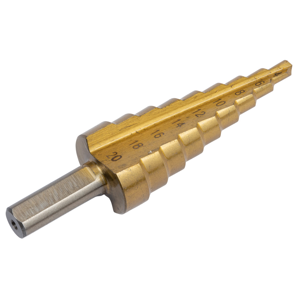 Свердло по металу ступінчасте Sigma HSS-TIN титанове з прямою канавкою Ø4-20 мм крок 2 мм (блістер)