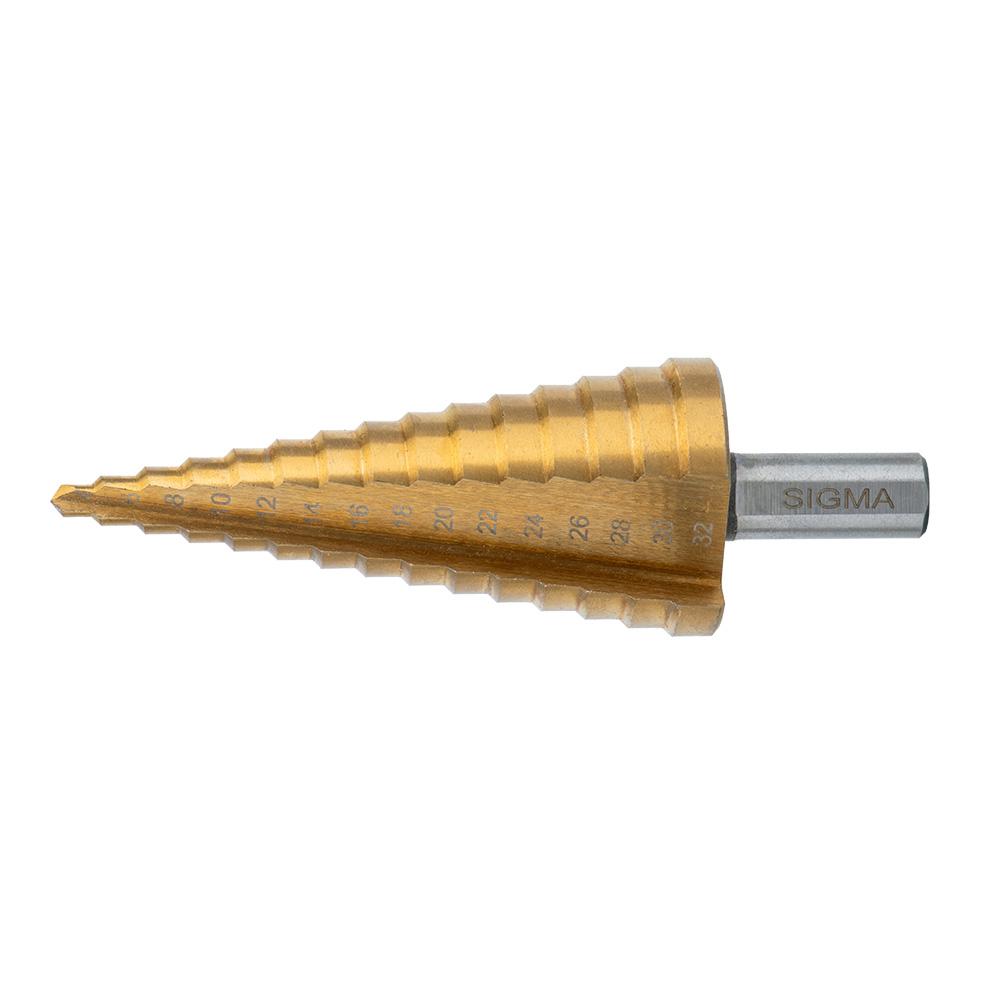 Сверло по металлу ступенчатое Sigma HSS-TIN титановое с прямой канавкой Ø4-32 мм шаг 2 мм (блистер)