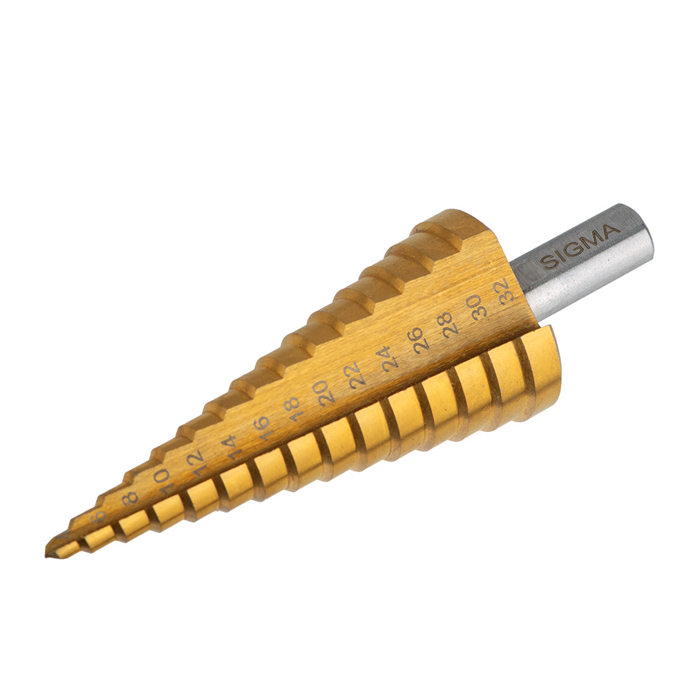 Сверло по металлу ступенчатое Sigma HSS-TIN титановое с прямой канавкой Ø4-32 мм шаг 2 мм (блистер)