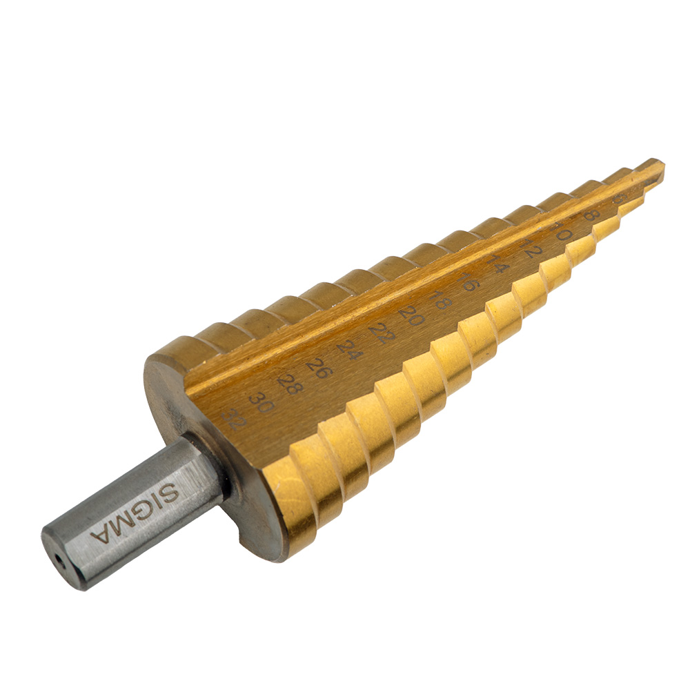 Сверло по металлу ступенчатое Sigma HSS-TIN титановое с прямой канавкой Ø4-32 мм шаг 2 мм (блистер)