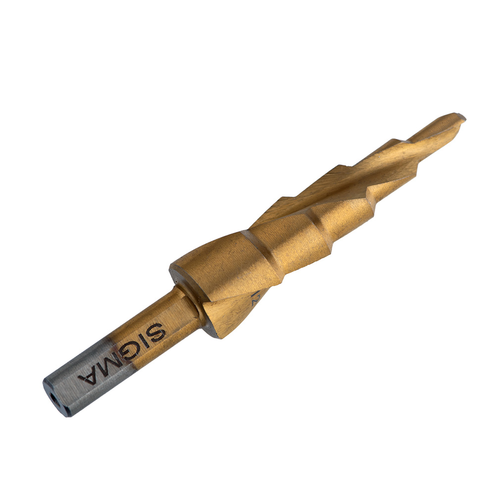 Сверло по металлу ступенчатое Sigma HSS-TIN титановое со спиральной канавкой Ø4-12 мм, шаг 2 мм (блистер)