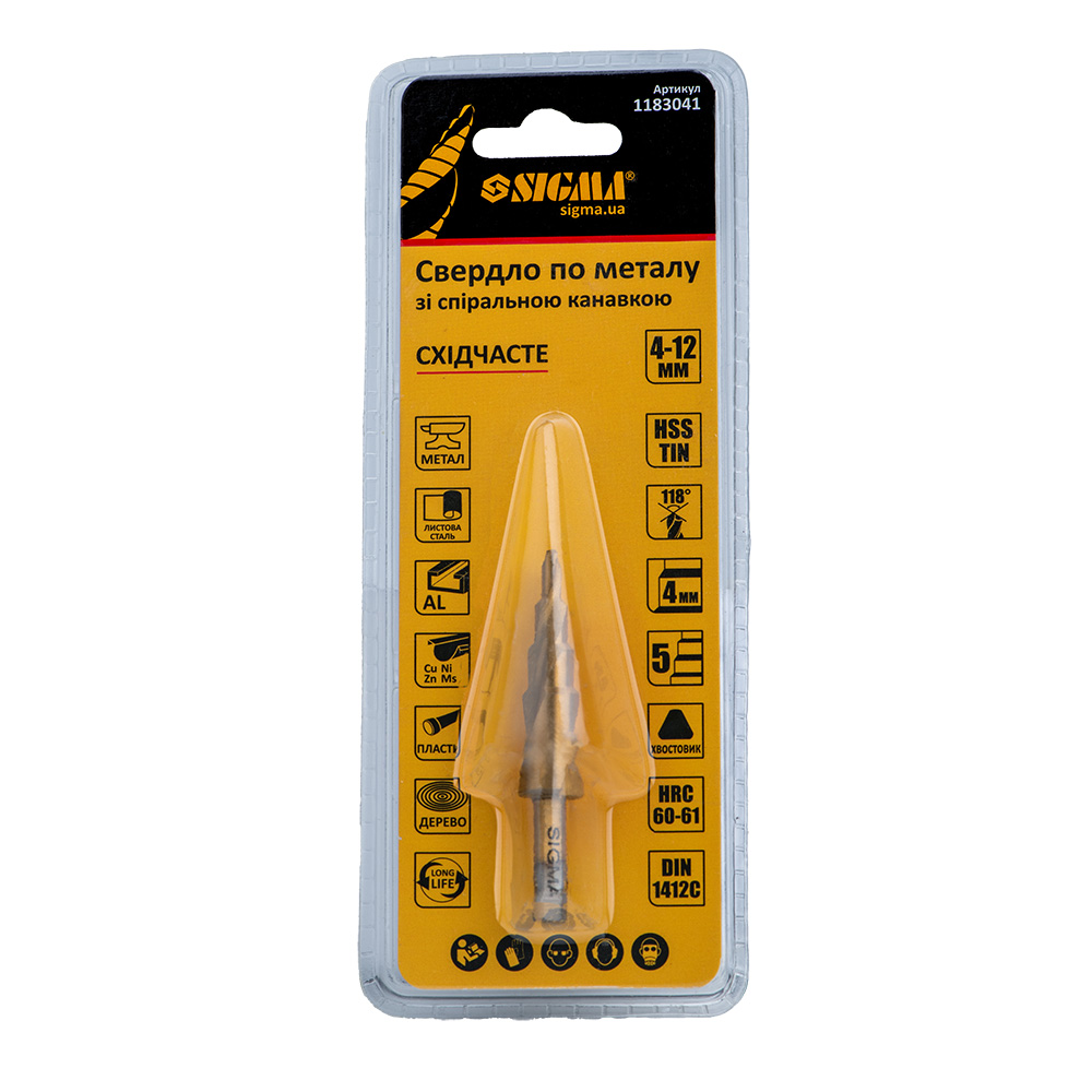 Сверло по металлу ступенчатое Sigma HSS-TIN титановое со спиральной канавкой Ø4-12 мм, шаг 2 мм (блистер)