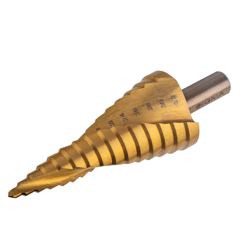 Сверло по металлу ступенчатое Sigma HSS-TIN титановое со спиральной канавкой Ø4-32 мм шаг 2 мм (блистер)